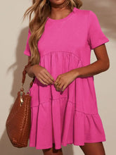 Tiered Round Neck Short Sleeve Mini Dress Hot Pink Casual Dresses