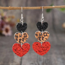 Heart leather drop earrings with black glitter, leopard print, red glitter