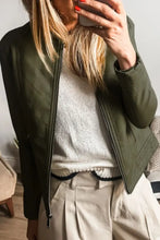 PU Leather Round Neck Long Sleeve Jacket Green Woman Outerwear