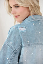 Distressed Pearl Trim Button Up Denim Jacket Woman Outerwear