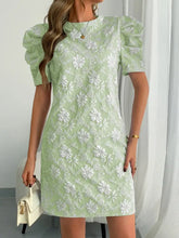 Round Neck Puff Short Sleeve Mini Dress Light Green Woman Dress