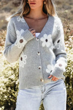 Flower Button Up Long Sleeve Cardigan Gray Woman Outerwear