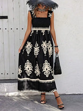 Smocked Printed Wide Strap Maxi Dress Black Woman Casual Dress