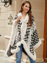 Fuzzy Checkered Long Sleeve Poncho Beige One Size Woman Outerwear