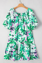 Floral Print Shirred Square Neck Loose Fit Mini Dress Casual Dresses