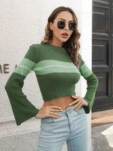 Ribbed Color Block Round Neck Cropped Sweater Sweater Pullovers