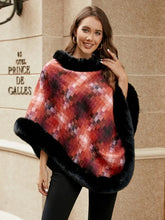 Faux Fur Trim Poncho Red Orange One Size Woman Poncho