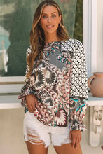 Mixed Floral Geometric Print Ruffled Long Sleeve Blouse Woman Blouses