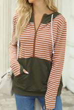 Drawstring Stripe Half Zip Long Sleeve Hoodie Woman Sweatshirts