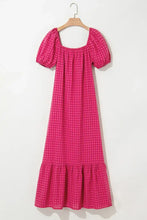 SYNZ Gingham Check Bubble Sleeve Ruffled Maxi Dress Woman Casual Dress