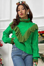 Cable-Knit Ruffled Mock Neck Lantern Sleeve Sweater Mid Green Sweater Pullovers