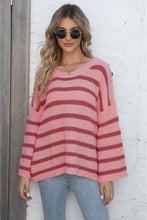 Round Neck Dropped Shoulder Striped Sweater Pink One Size Sweater Pullovers