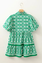 Abstract Patterned V Neck Puff Short Sleeve Mini Dress Casual Dresses