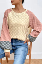 Checkered Contrast Round Neck Long Sleeve T-Shirt Woman T Shirts