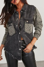 Raw Hem Leopard Snap Down Denim Jacket Black Woman Outerwear