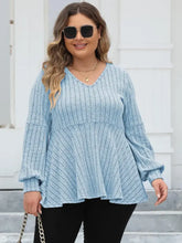 Plus Size Ribbed V-Neck Long Sleeve Blouse Pastel Blue Woman Blouses