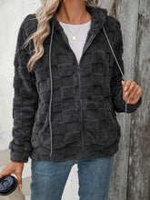 Checkered Texture Zip Up Drawstring Fuzzy Jacket Woman Outerwear