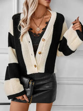 Waffle-Knit V-Neck Striped Long Sleeve Cardigan Woman Outerwear