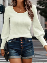 Shiny Ribbed Round Neck Lantern Sleeve Knit Top Woman Blouses