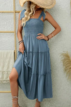 Smocked Tiered Midi Dress with Tie Straps Grayblue Casual Dresses