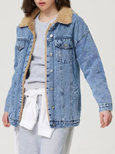 Button Up Collared Neck Plush Denim Jacket Woman Outerwear