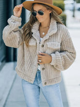 Fuzzy Button Up Collared Neck Jacket Beige Woman Outerwear