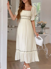 Square Neck Puff Sleeve Ruffle Trim Maxi Dress Apricot Woman Maxi Dress