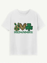 White short sleeve Peace Love Irish t-shirt with peace sign, heart, shamrock