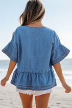 Tie Neck Ruffled Half Sleeve Denim Top Woman Denim Tops