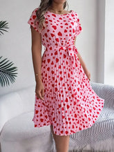 Heart Print Short Sleeve Tie Waist Dress Woman Casual Dress
