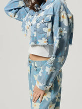 Distressed Raw Hem Floral Collared Neck Denim Top Woman Tops