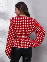 Plaid V-Neck Balloon Sleeve Peplum Blouse Woman Blouses