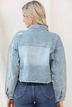 Distressed Pearl Trim Button Up Denim Jacket Woman Outerwear