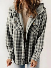 Plaid Snap Down Plush Hooded Jacket Dark Gray Woman Outerwear
