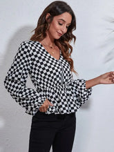 Checkered V-Neck Balloon Sleeve Peplum Blouse Woman Blouses