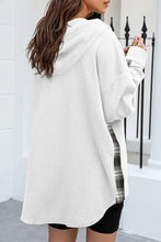 Waffle Knit Plaid Patchwork Drawstring Hooded Shacket Woman Outerwear