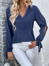 Perfee V-Neck Tie Cuff Slit Blouse Woman Blouses