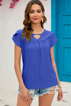 Eyelet Round Neck Short Sleeve T-Shirt Blue Woman T Shirts