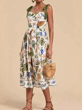 Tropical Print Tie-Shoulder Sweetheart Neck Midi Dress Woman Casual Dress
