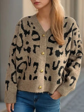 Leopard V-Neck Button Up Cardigan Camel One Size Woman Outerwear