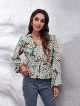 Floral V-Neck Balloon Sleeve Peplum Blouse Woman Blouses