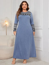 Honey Plus Size Printed Round Neck Long Sleeve Dress Dusty Blue Woman Maxi Dress