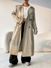 Collared Neck Long Sleeve Longline Trench Coat Woman Outerwear