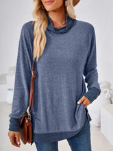 Contrast Mock Neck Long Sleeve T-Shirt Dusty Blue Woman T Shirts