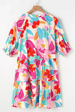 Floral Bubble Sleeve V Neck Tiered Ruffle Babydoll Dress Casual Dresses