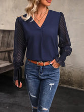 Perfee V-Neck Long Mesh Sleeve Top Navy Woman Blouses