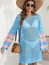 Openwork Contrast Long Sleeve Cover-Up Light Blue One Size Swimwear Cover-Ups