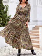 Printed Tie Neck Ruffle Hem Long Sleeve Dress Multicolor Woman Maxi Dress