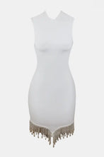 Rhinestone Tassel Hem Bodycon Dress White Cocktail Dress