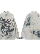 Men's Oversized Graffiti Zip Up Knit Cardigan Cardigans